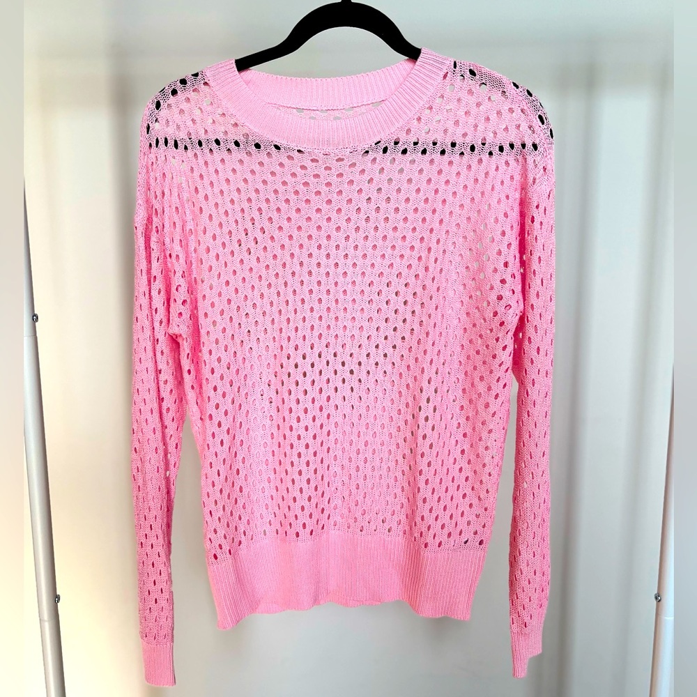 Women's Crochet Crewneck Lightweight Hollow Out Long Sleeve Knit Sweater | Pink
